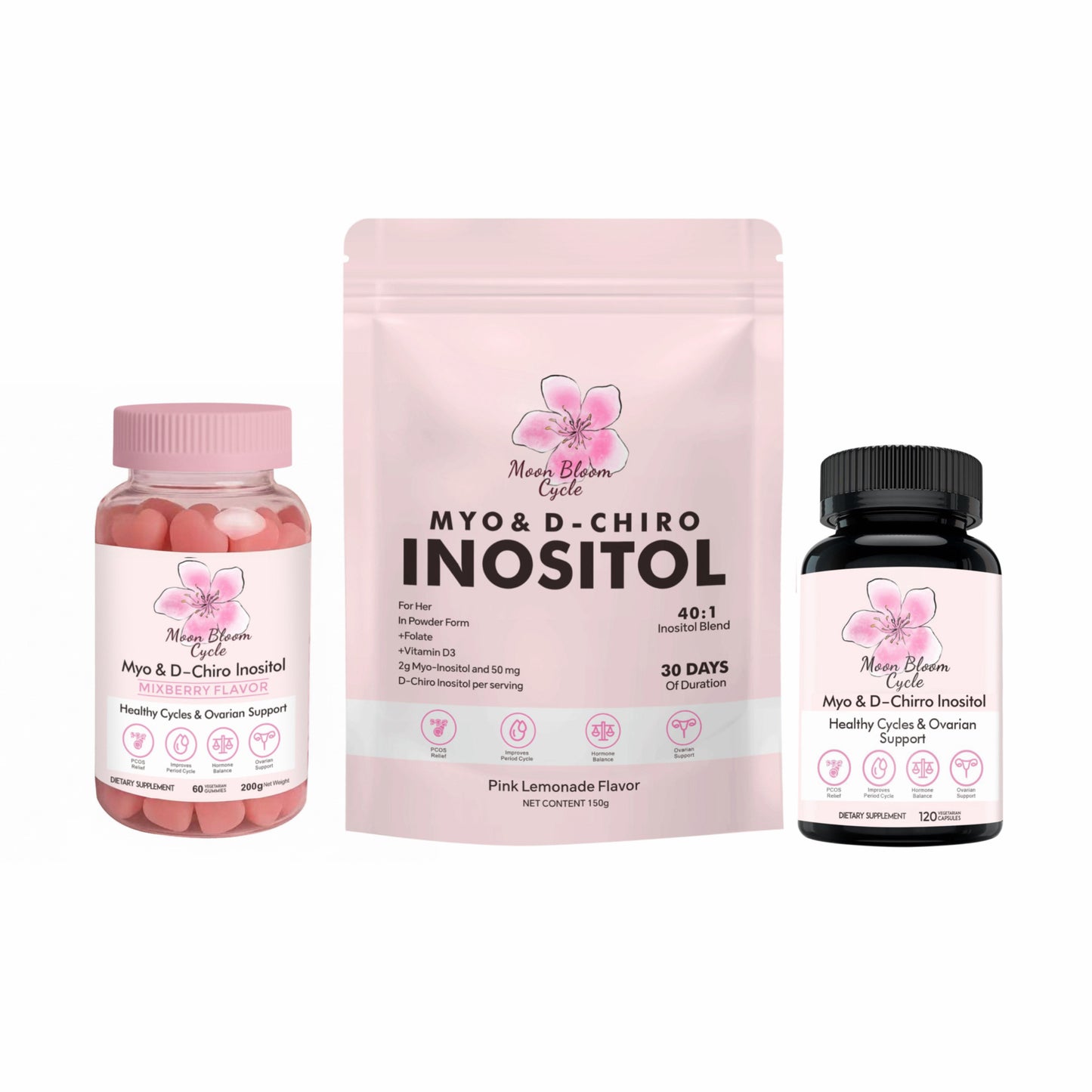 Moon Bloom Cycle 3-Month Supply Bundle
PCOS Support (Gummies + Pills + Hormonal Balance Powder)