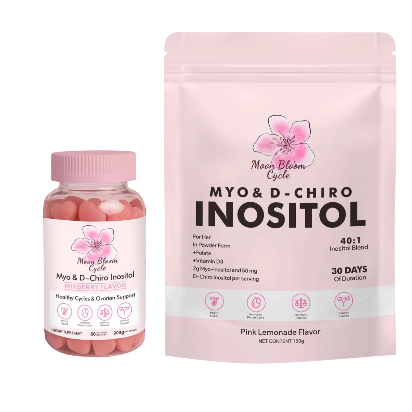 Moon Bloom Cycle (Gummies + Powder) | Myo-Inositol, D-Chiro Inositol, CoQ10, Vitamin D3, B6, B12, Folate & Magnesium Glycinate