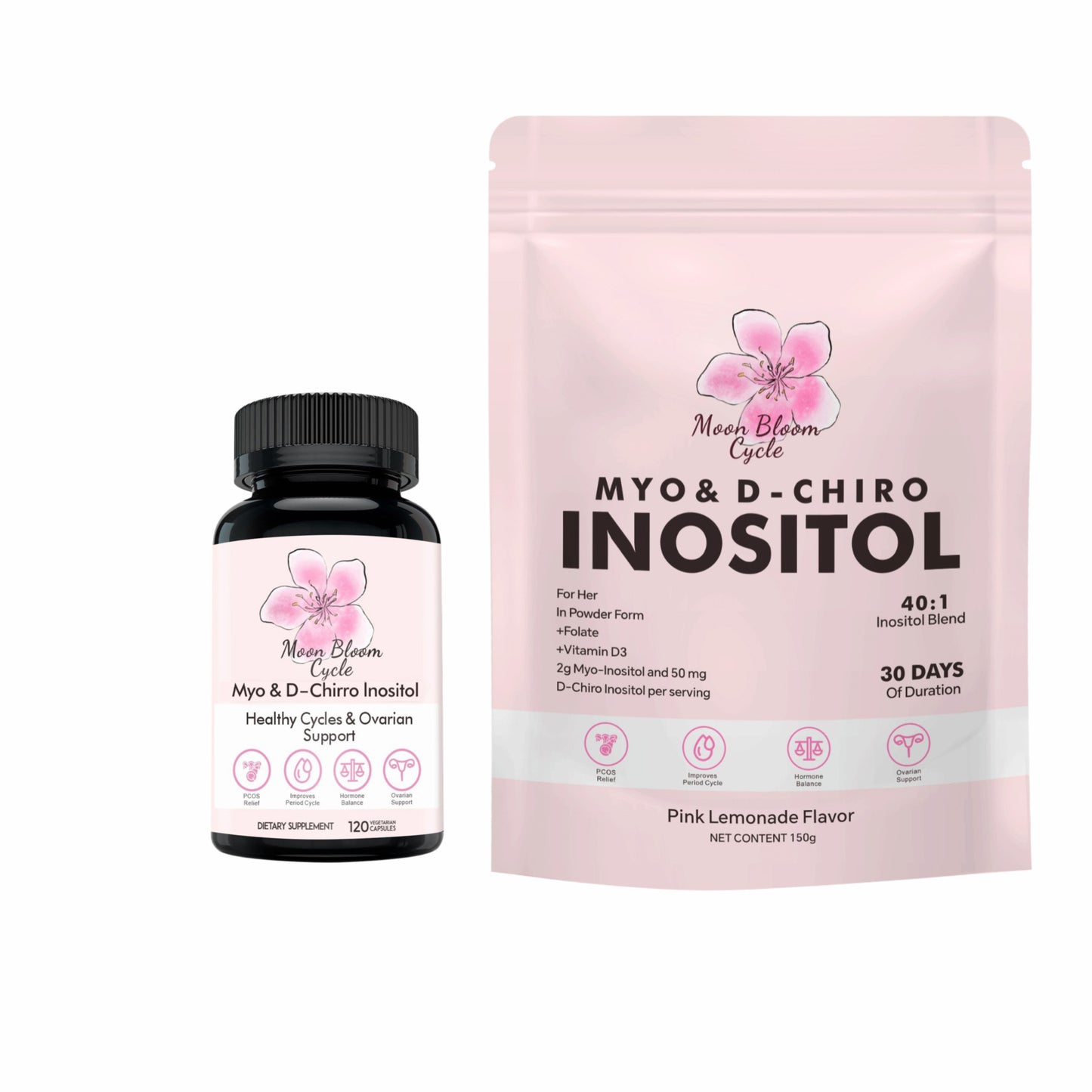 Moon Bloom Cycle 2-Month Bundle | Pills + Powder | Myo-Inositol, D-Chiro Inositol, CoQ10, Vitamin D3, B6, B12, Folate & Magnesium Glycinate
