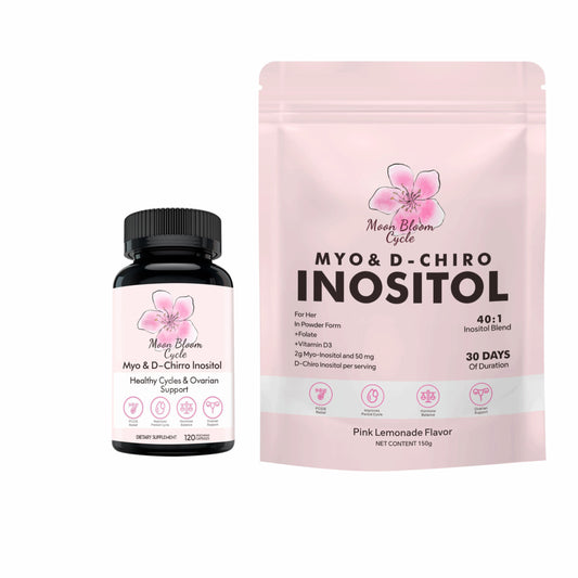 Moon Bloom Cycle 2-Month Bundle | Pills + Powder | Myo-Inositol, D-Chiro Inositol, CoQ10, Vitamin D3, B6, B12, Folate & Magnesium Glycinate